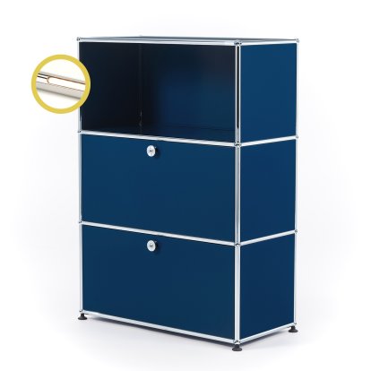 USM Haller E Highboard M avec 2 portes battantes et éclairage du compartiment, Bleu acier RAL 5011, Blanche chaude