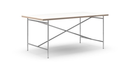 Table à manger Eiermann 2, Mélaminé blanc avec bords chêne, 160 x 83 cm, Chromé