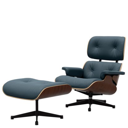 Eames Lounge Chair & Ottoman, Noyer foncé, Cuir Premium F bleu fumé, 89 cm, Aluminium poli, côtés noirs