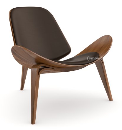 Chaise CH07 Shell, Noyer laqué naturel, Cuir marron