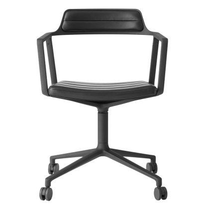Chaise Swivel 452, Revêtement en poudre noir, Piétement à roulettes, Cuir noir