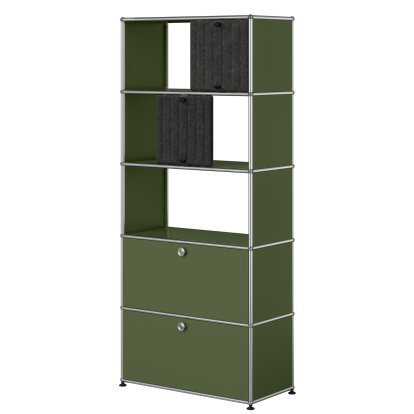 Étagère USM Haller, 2 abattants sans paroi arrière, avec 2 Soft Panels, verticale, Vert olive RAL 6003, Gris foncé / Gris