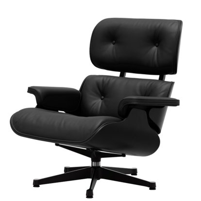 Eames Lounge Chair, Châtaignier noir, Cuir Premium F nero, 84 cm - Hauteur originale de 1956, Aluminium poli, côtés noirs