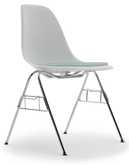 Eames Plastic Side Chair DSS / DSS-N, Coton blanc, Avec coussin d'assise, Bleu glacier / ivoire, Avec liaison de rangée (DSS)