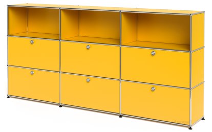 Meuble haut Highboard XL USM Haller, personnalisable, Jaune or RAL 1004, Ouvert, Avec 3 portes abattantes, Avec 3 portes abattantes