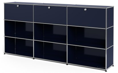 Meuble haut Highboard XL USM Haller, personnalisable, Bleu acier RAL 5011, Avec 3 portes abattantes, Ouvert, Ouvert