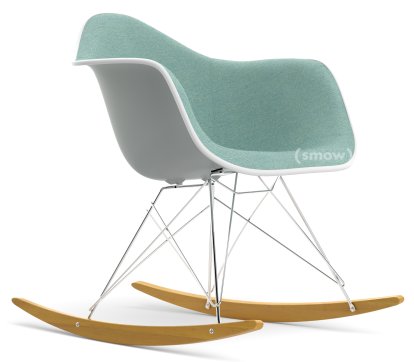 Eames Plastic Armchair RE RAR avec rembourrage, Gris clair, Rembourrage intégral, Bleu glacier / ivoire, Blanc, Chromé/érable nuance de jaune