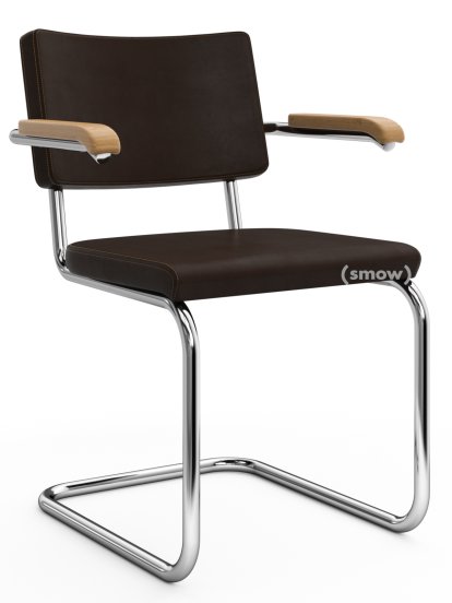 Chaise cantilever S 64 PV Pure Materials, Cuir Nappa marron foncé, Chêne, Chromé, Patins en plastique noir avec feutre