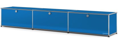 Meuble bas Lowboard XL USM Haller, personnalisable, Bleu gentiane RAL 5010, Avec 3 portes abattantes, 35 cm