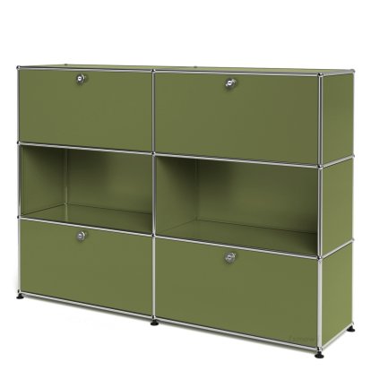 Meuble haut Highboard L USM Haller, personnalisable, Vert olive RAL 6003, Avec 2 portes abattantes, Ouvert, Avec 2 portes abattantes