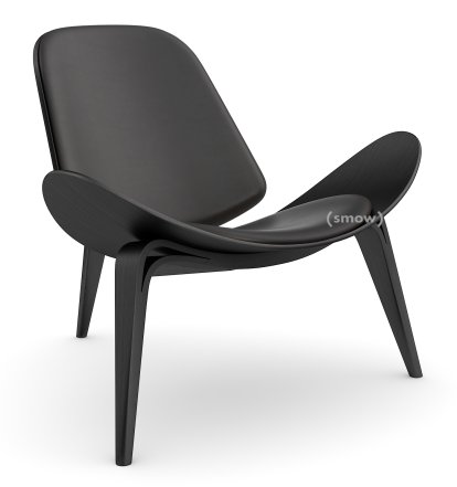 Chaise CH07 Shell, Chêne laqué noir, Cuir anthracite