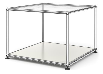 Table d'appoint 50 USM Haller, Panneau supérieur en verre, panneau inférieur en métal, Blanc pur RAL 9010
