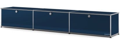 Meuble bas Lowboard XL USM Haller, personnalisable, Bleu acier RAL 5011, Avec 3 portes abattantes, 35 cm