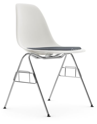 Eames Plastic Side Chair DSS / DSS-N, Blanc RE, Avec coussin d'assise, Bleu foncé / ivoire, Sans liaison de rangée (DSS-N)