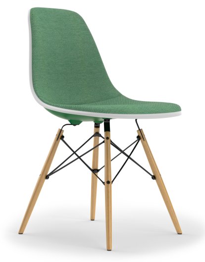 Eames Plastic Side Chair DSW, Vert émeraude, Rembourrage intégral, Vert / ivoire, Version standard - 43 cm, Frêne tons miel