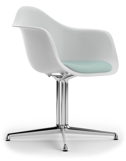 Eames Plastic Armchair RE DAL, Coton blanc, Avec coussin d'assise, Bleu glacier / ivoire, Aluminium poli, Nouvelle hauteur d'assise (43,0 cm)