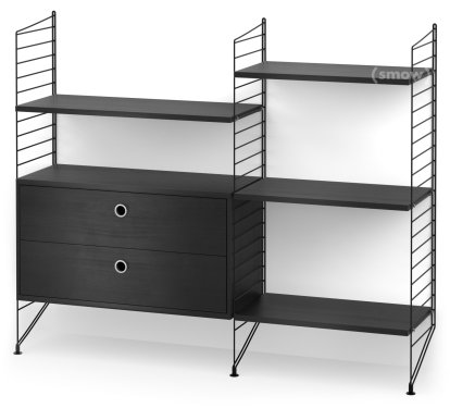 Étagère String System avec tiroirs, Noir, Placage frêne noir