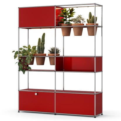 Étagère de séparation USM Haller E plantes, Rouge rubis USM, Terre cuite, Éclairage LED blanc chaud