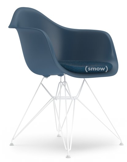 Eames Plastic Armchair DAR, Bleu océan, Avec coussin d'assise, Bleu océan / gris foncé, Version standard - 43 cm, Revêtement blanc