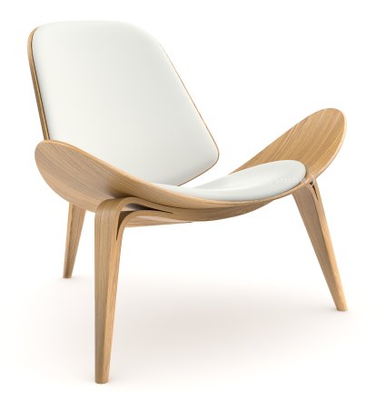 Chaise CH07 Shell, Chêne laqué naturel, Cuir blanc