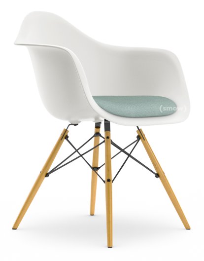 Eames Plastic Armchair DAW, Blanc non-RE, Avec coussin d'assise, Bleu glacier / ivoire, Version standard - 43 cm, Érable nuance de jaune