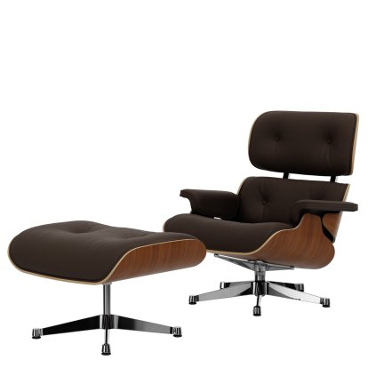 Eames Lounge Chair & Ottoman, Noyer naturel, Cuir Premium F marron, 84 cm - Hauteur originale de 1956, Aluminium poli