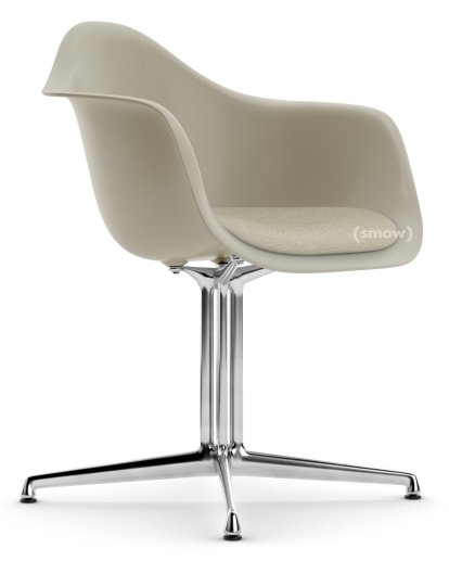 Eames Plastic Armchair DAL, Galet, Avec coussin d'assise, Gris chaud / ivoire, Aluminium poli, Nouvelle hauteur d'assise (43,0 cm)