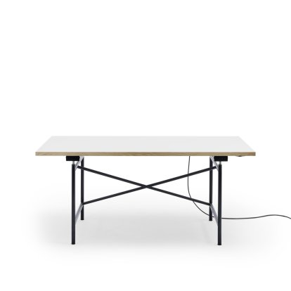 Table Eiermann 1 E (réglage électrique de la hauteur), Mélaminé blanc avec bords chêne, 160 x 80 cm, Noir, Avec passage-de-câbles