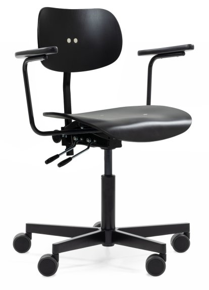 Chaises pivotantes S 197 R20, Avec accoudoirs, Hêtre teinté noir, Poudre noir mat, Roulettes standard noir pour sols durs