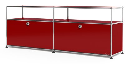 Meuble bas Lowboard L USM Haller avec rehausse, personnalisable, Rouge rubis USM, Avec 2 portes abattantes, Avec passe-câbles au centre bas