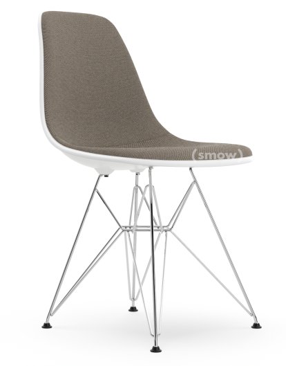 Eames Plastic Side Chair DSR, Blanc RE, Rembourrage intégral, Gris chaud / marron marais, Version standard - 43 cm, Chromé