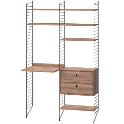 Étagère au sol avec bureau et rangement, Rayonnages noyer, panneaux noirs