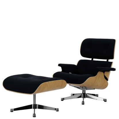 Eames Lounge Chair & Ottoman Calma, Châtaignier naturel, Calma, bleu nuit, 84 cm - Hauteur originale de 1956, Aluminium poli