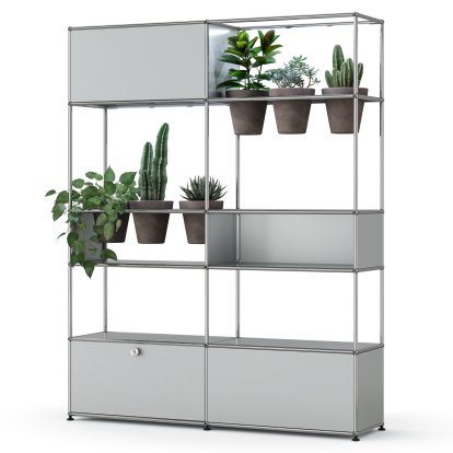 Étagère de séparation USM Haller E plantes, Argent mat USM, Basalte, Éclairage LED blanc froid