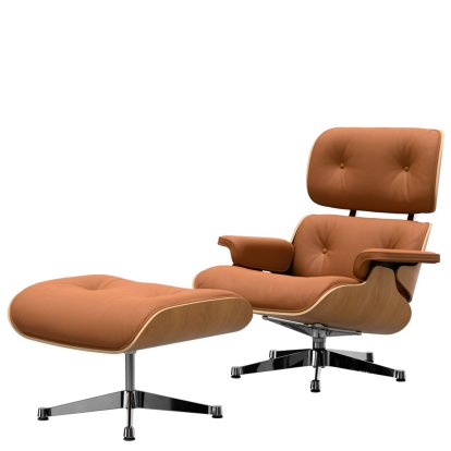 Eames Lounge Chair & Ottoman, Cerisier naturel, Cuir Premium F cognac, 89 cm, Aluminium poli