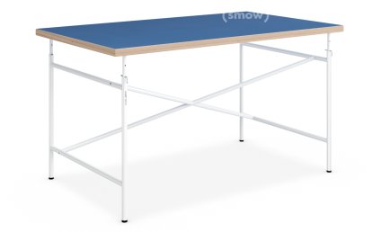 Bureau enfant Eiermann, 120 x 70 cm, Linoleum bleu nuit (Forbo 4181) avec bords chêne, Blanc