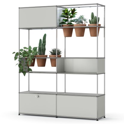 Étagère de séparation USM Haller E plantes, Gris clair RAL 7035, Terre cuite, Éclairage LED blanc froid