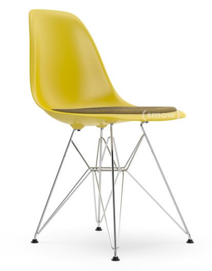 Eames Plastic Side Chair DSR, Moutarde, Avec coussin d'assise, Moutarde / gris foncé, Version standard - 43 cm, Chromé