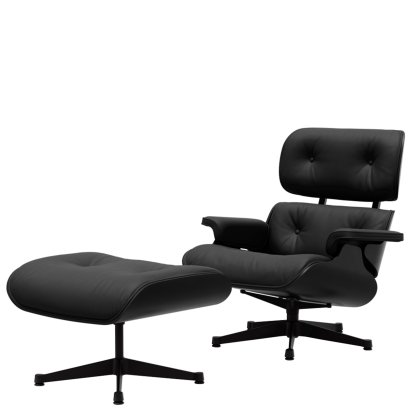 Eames Lounge Chair & Ottoman, Châtaignier noir, Cuir Premium F nero, 84 cm - Hauteur originale de 1956, Noir peint par poudrage