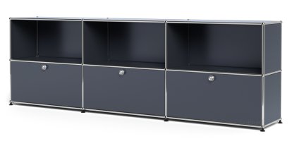 Meuble mixte Sideboard XL USM Haller, personnalisable, Anthracite RAL 7016, Ouvert, Avec 3 portes abattantes