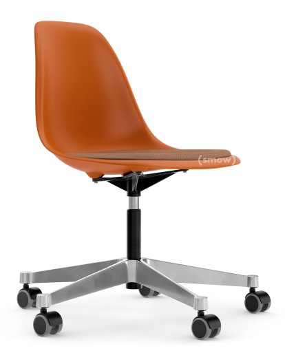 Eames Plastic Side Chair RE PSCC, Orange rouille, Avec coussin d'assise, Cognac / ivoire