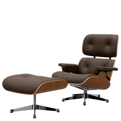 Eames Lounge Chair & Ottoman, Noyer naturel, Cuir Premium F marron, 89 cm, Aluminium poli