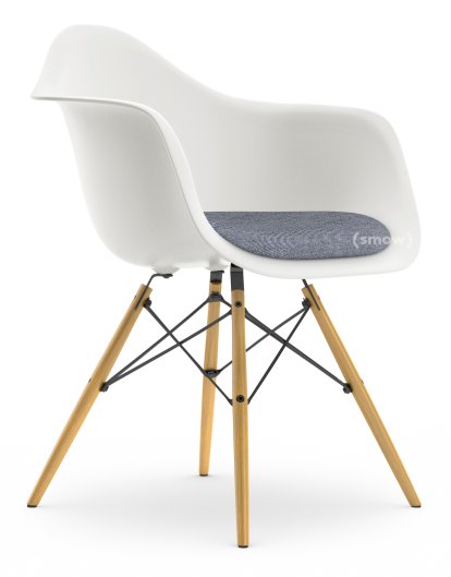 Eames Plastic Armchair DAW, Blanc RE, Avec coussin d'assise, Bleu foncé / ivoire, Version standard - 43 cm, Frêne tons miel