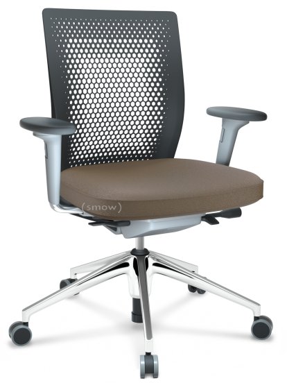 ID Air, Noir basic, Tissu Plano 80 coffee, Soft grey, Piétement à 5 branches, aluminium poli, Avec accotoirs 2D, Souples pour sols durs