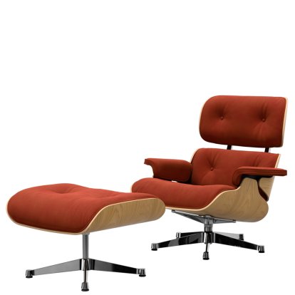 Eames Lounge Chair & Ottoman Calma, Châtaignier naturel, Calma, brandy, 84 cm - Hauteur originale de 1956, Aluminium poli