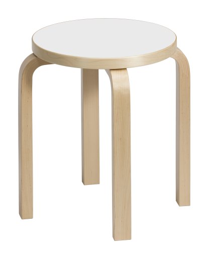 Tabouret E60, Assise stratifié blanc, pieds bouleau laqué nature