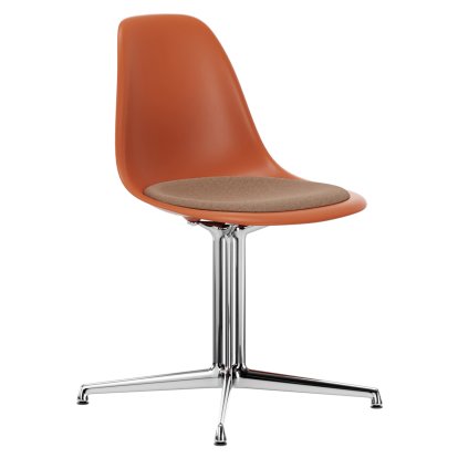 Eames Plastic Side Chair DSL, Orange rouille, Avec coussin d'assise, Cognac / ivoire, Aluminium poli