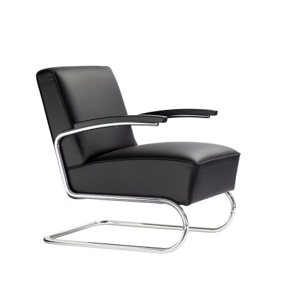 Fauteuil cantilever S 411, Cuir nero, Chromé, Sans ottoman, Sans patins