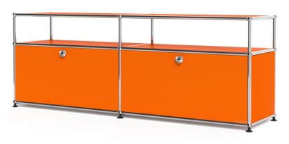 Meuble bas Lowboard L USM Haller avec rehausse, personnalisable, Orange pur RAL 2004, Avec 2 portes abattantes, Avec passe-câbles au centre bas