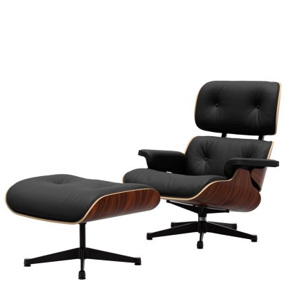 Eames Lounge Chair & Ottoman, Palissandre Santos, Cuir Premium F nero, 89 cm, Aluminium poli, côtés noirs